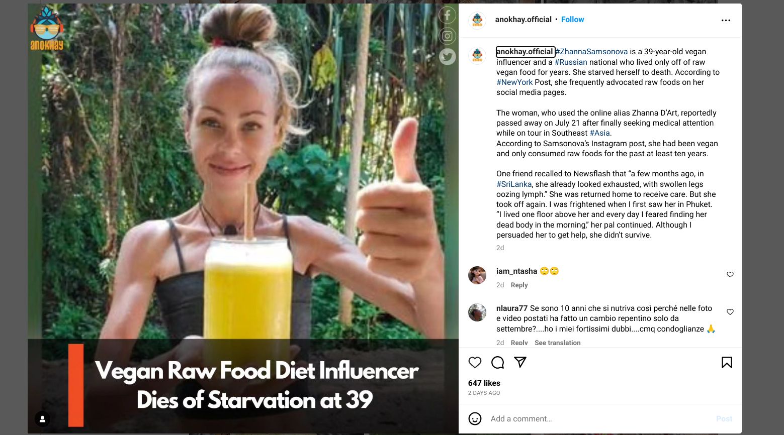 Vegan Social Media Star Passes Away from Fatigue and Hunger After ...