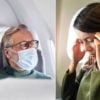 A collage of an airplane passenger wearing a nose mask and another feeling sick