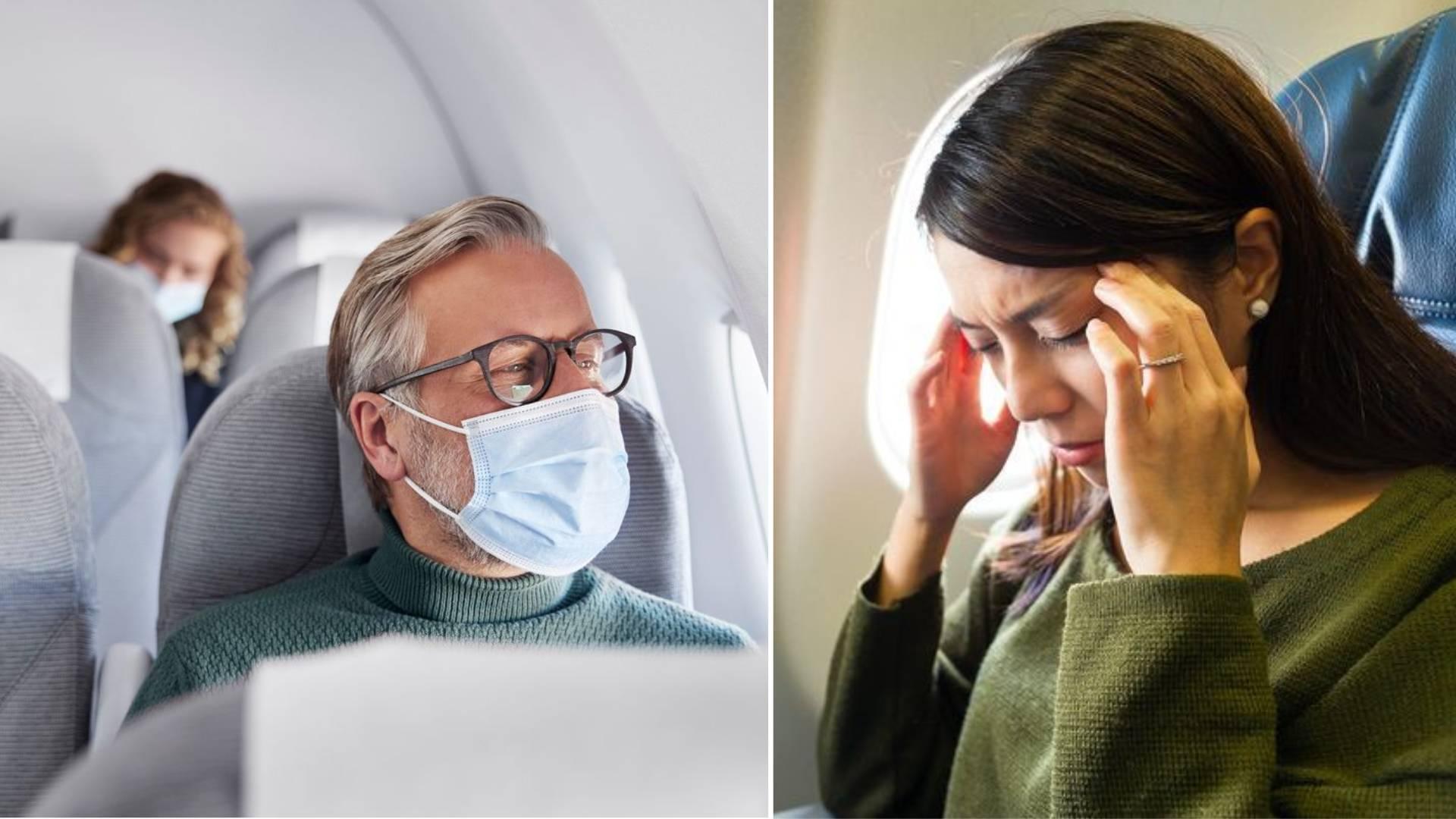 A collage of an airplane passenger wearing a nose mask and another feeling sick