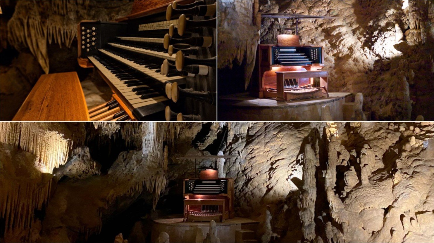 A Collage of Three Photos of the Great Stalacpipe Organ in the Luray Caverns