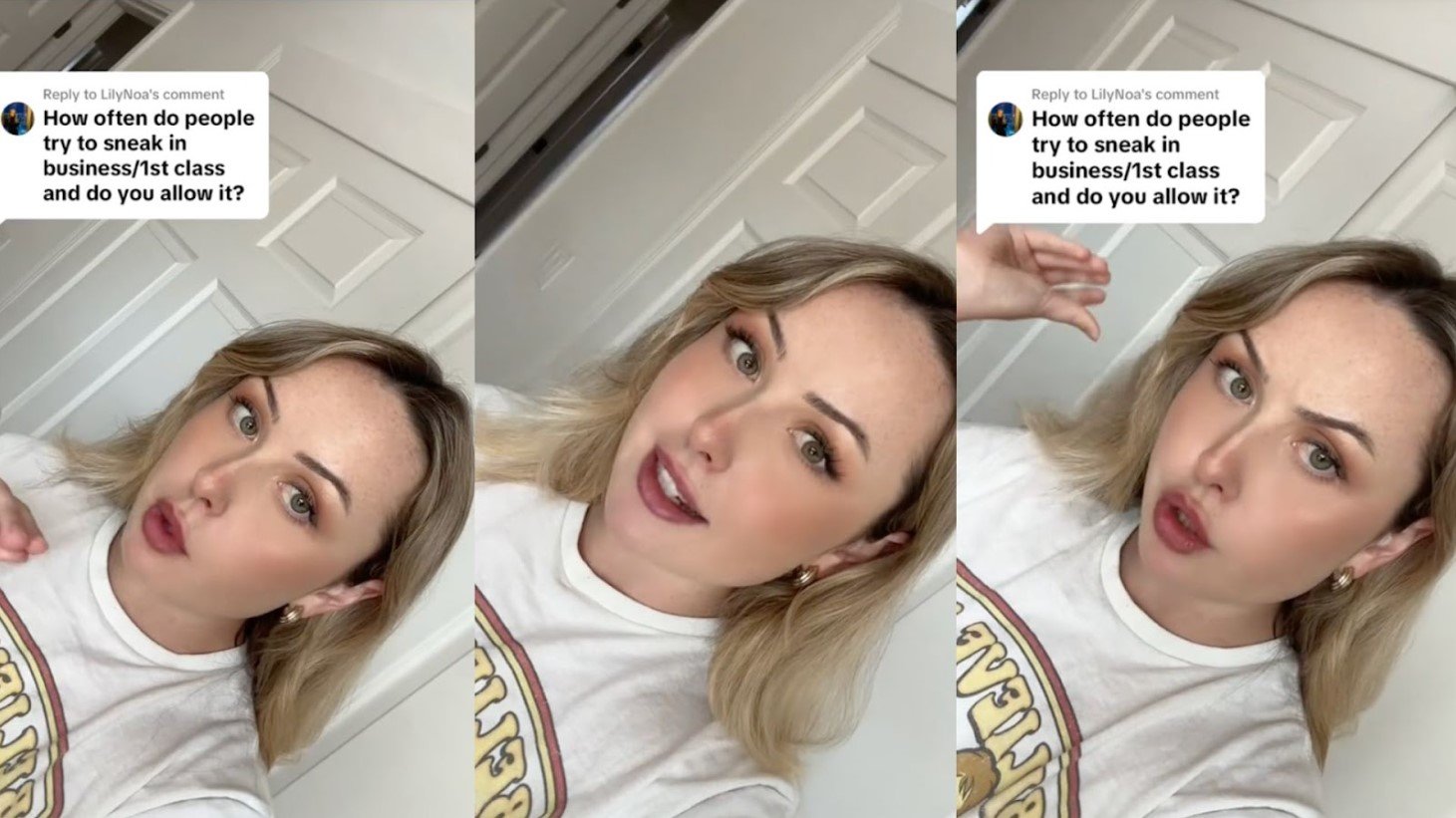 A collage of three screenshots from a viral video featuring a young female flight attendant with blonde hair. She is wearing a white t-shirt with a graphic design and is responding to a comment that is overlaid on the video