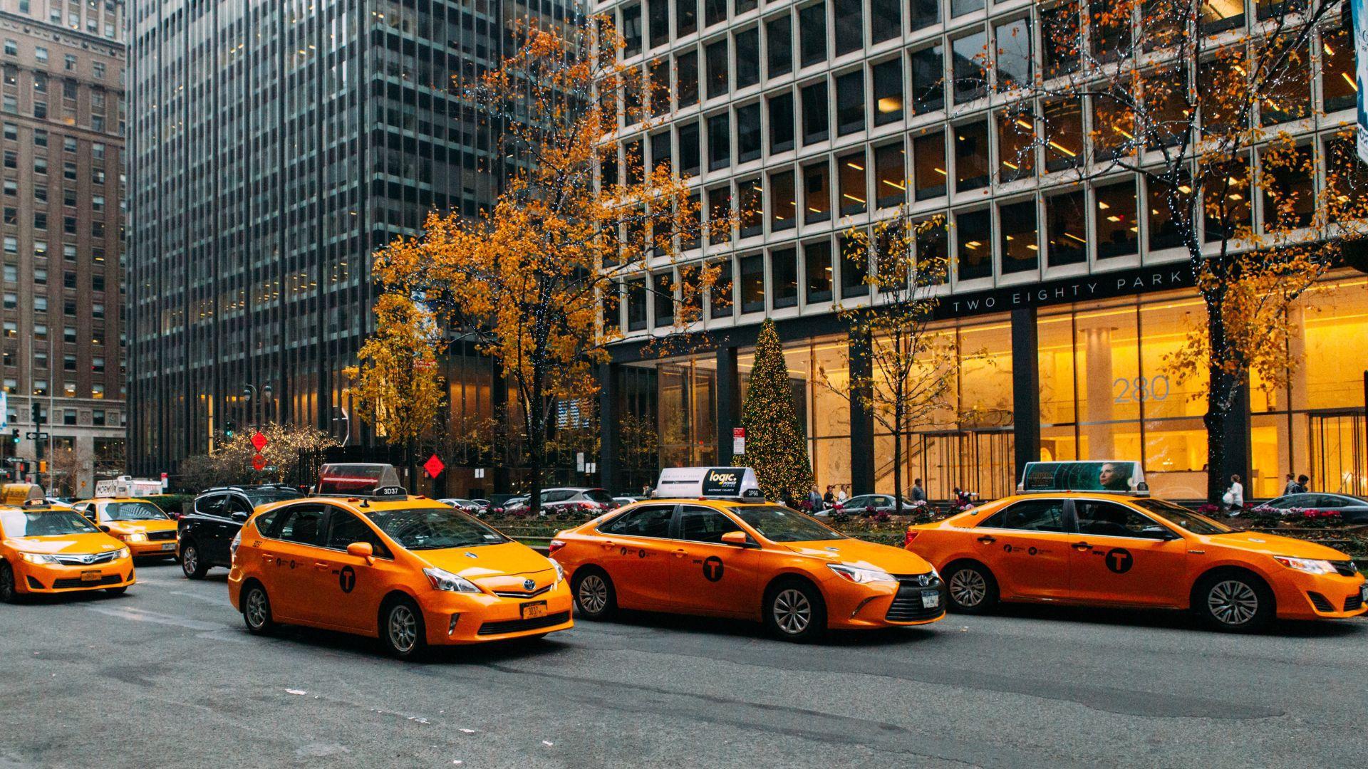 Yellow taxi cabs lined up on a city street, with tall buildings in the background