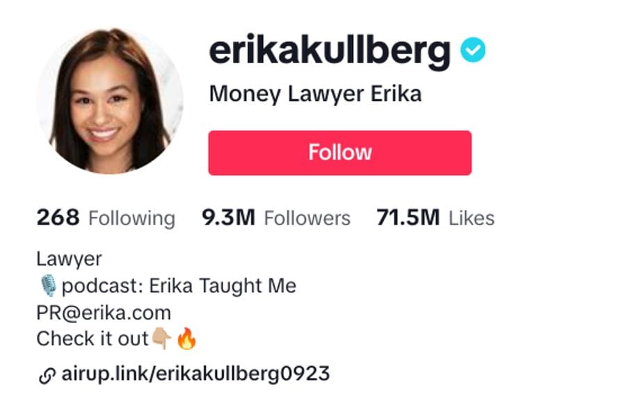 Screenshot of @erikakullberg’s TikTok profile information