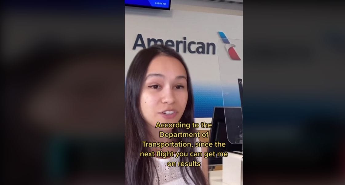 Screenshot of @erikakullberg’s TikTok video with text that reads, “According to the Department of Transportation, since the next flight you can get me on results”