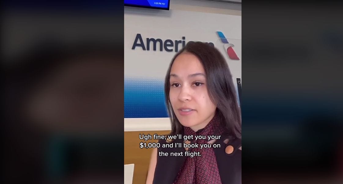 Screenshot of @erikakullberg’s TikTok video with text that reads, “ugh fine, we’ll get you your $1,000 and I’ll book you on the next flight”