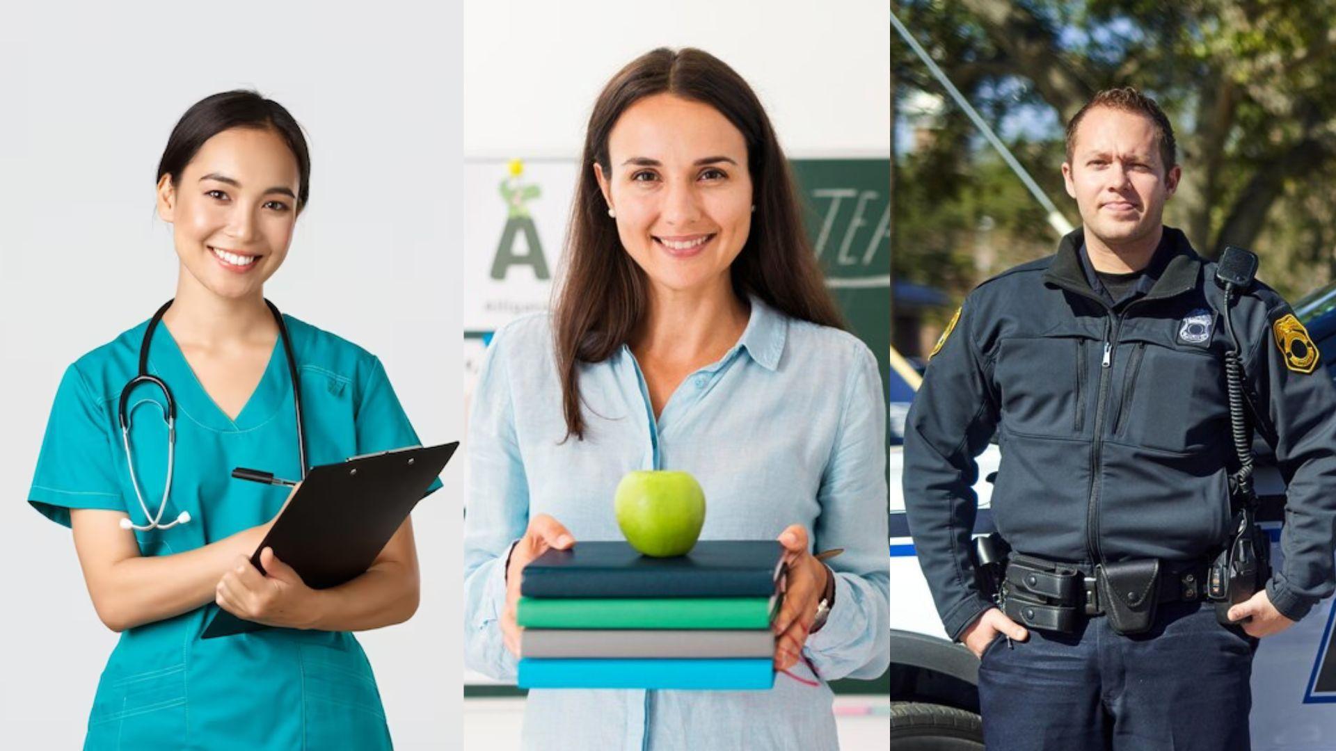 Nurse holding clipboard/Teacher holding books and an apple/Policeman standing in front of a patrol car