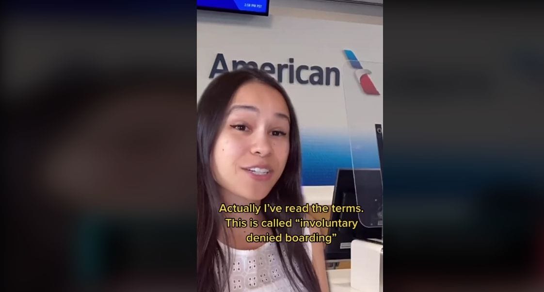 Screenshot of @erikakullberg’s TikTok video with text that reads, “Actually I’ve read the terms and this is called “involuntary denied boarding”