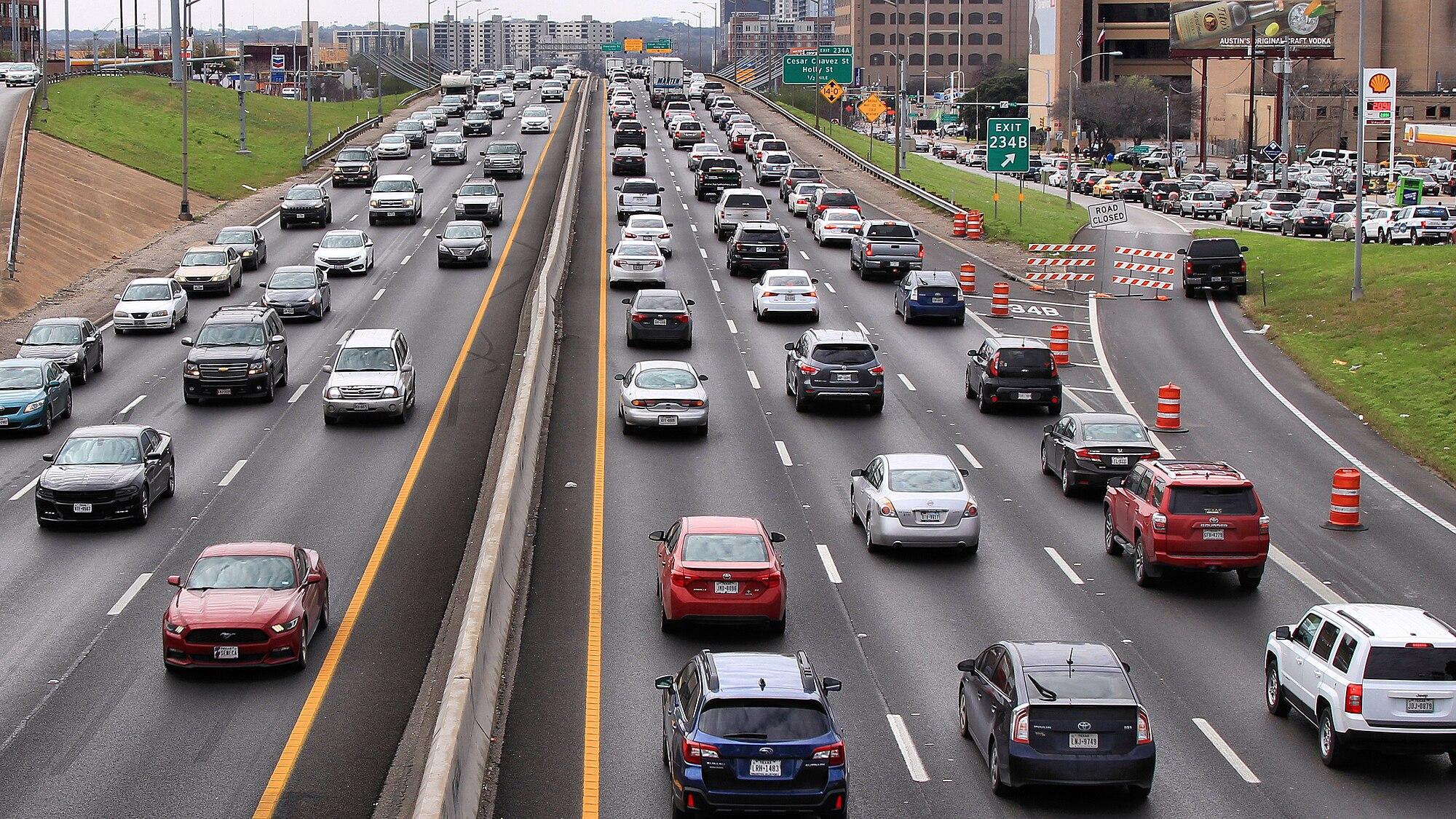 Weekend traffic on Interstate Highway 35 through downtown Austin