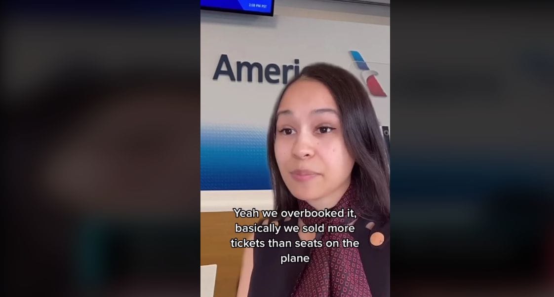 Screenshot of @erikakullberg’s TikTok video with text that reads, “Yeah we overbooked it, basically we sold more tickets than seats on the plane”