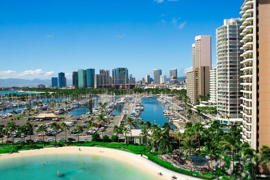 Skyscrapers overlooking the port and ocean